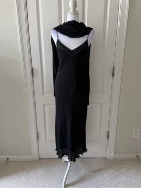 Anne Klein Black Silk Slip Dress with Thin Straps and Scarf